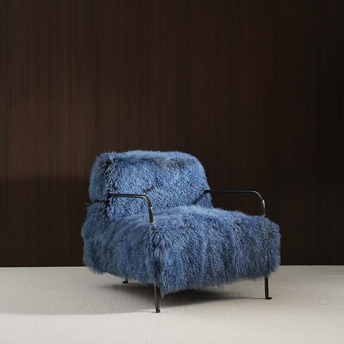 Ylellinen Blue Wool Accent Chair Yksinkertainen nojatuoli metallirungolla