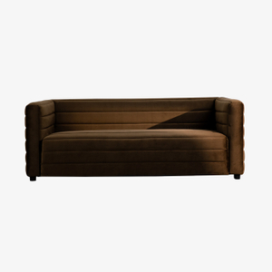 Vintage kolmen istuttava kanavoitu ruskea samettipehmustettu sohva 